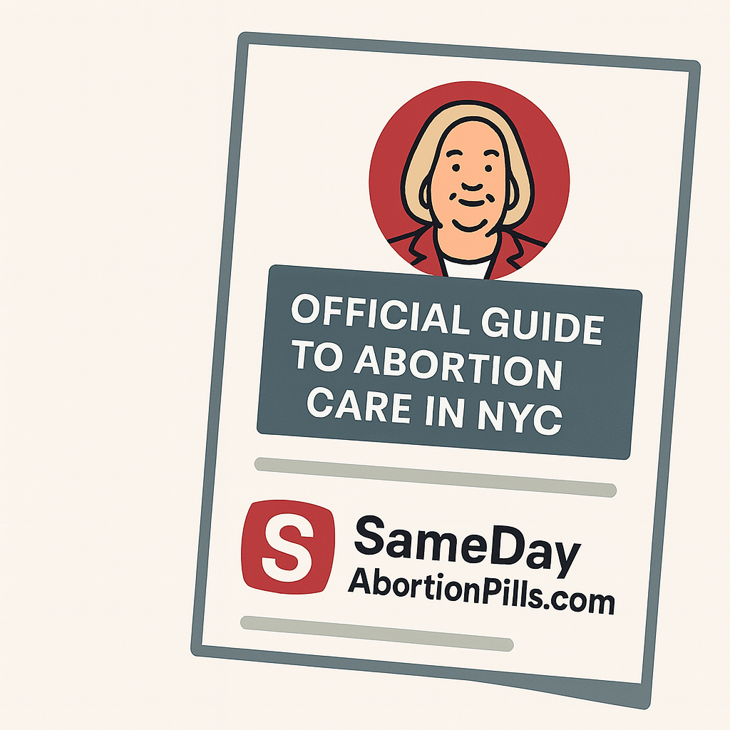 An illustrated digital guide cover representing SameDayAbortionPills.com being featured in Senator Krueger’s official abortion care resource for New York City.