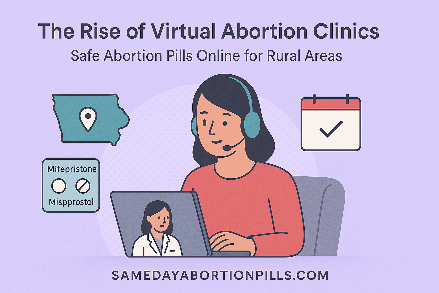 Illustration of a woman receiving virtual abortion care by telehealth, with icons showing pills, calendar, and rural location for online abortion pill access